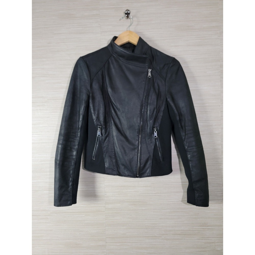 Marc‎ New York Moto Jacket Womens M Black Leather Knit Panels Asymmetrical Zip